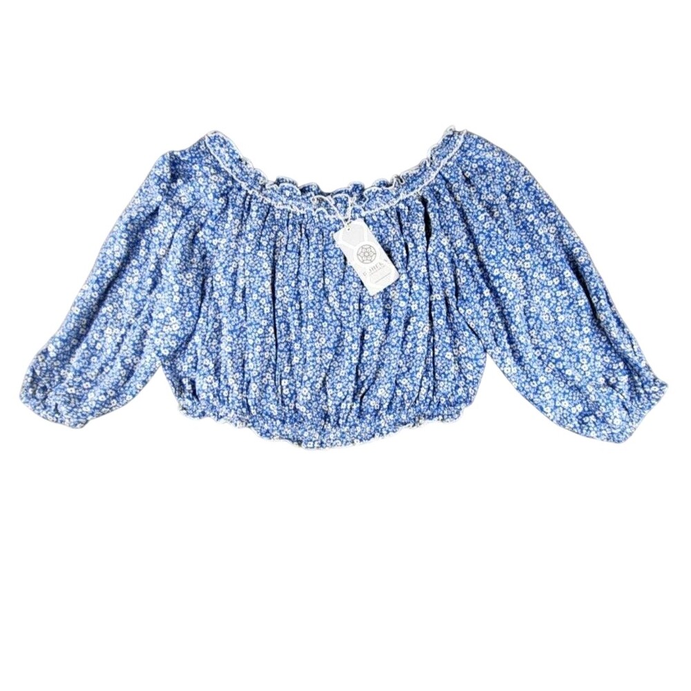 NWT Bohera Blouse Womens XL Blue Floral Off Shoulder Cropped Rayon Top